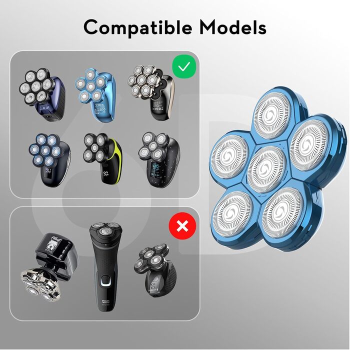 Електричний гостростример для голови чоловічий Kibiy з 6 змінними головками, водонепроникний IPX7, LED-дисплей, зарядка Type-C (6D синій)