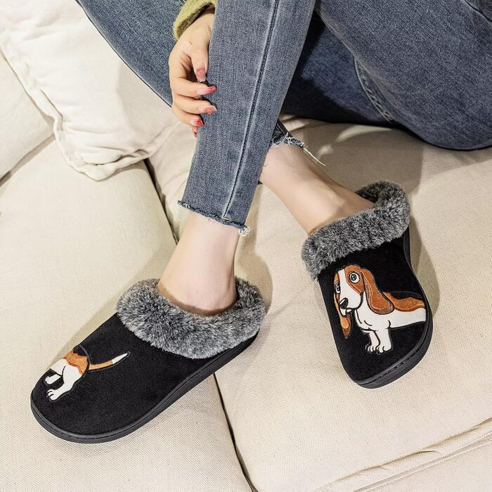 Тапочки домашні жіночі/чоловічі з вишивкою у вигляді собаки, теплі, з плюшевою підкладкою, зимові, чорні (42/43 EU)