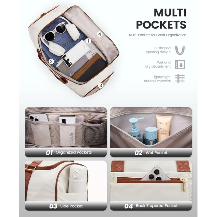 Спортивна сумка LOVEVOOK 37L для подорожей: Weekender, Duffel, Carry-on з відділенням для взуття та мокрих речей, водонепроникна, для відпочинку, авіаперельотів (L, Бежево-чорно-коричнева)