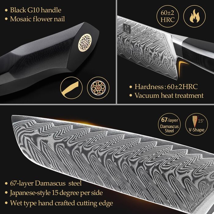 Ніж кухарський XINZUO Damaststahl Kiritsuke 21.5 см, професійний, з ручкою G10 та магнітною піхвою, серія Feng