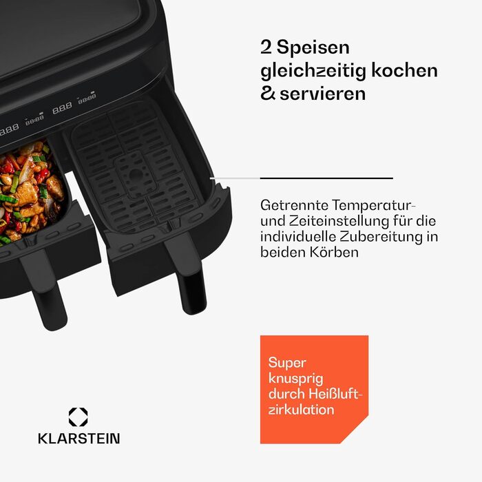 Klarstein Air Fryer, Dual Chamber Hot Air Fryer, 2850W Compact Air Fryer, 7.6L Air Fryer with Touch Control Panel, Timer, Preheat, 6 Modes, Large Hot Air Fryer, Air Fryer XL Black Duo Basic