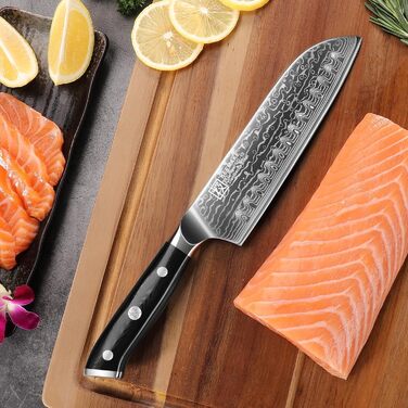 Ніж Santoku Keemake Damastmesser 17.8 см, професійний кухонний ніж з дамаської сталі (67 шарів) для м'яса та риби, ніж для шеф-кухаря 18 см
