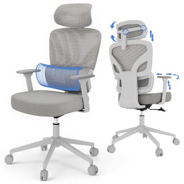 Ергономічне крісло для офісу та геймінгу з регульованою підголівником та 3D підлокітниками, підтримкою попереку, сіре