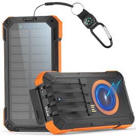 Портативний зарядний пристрій 56800mAh з сонячною панеллю, бездротова зарядка, 30W PD, 6 виходів, ліхтарик, велика ємність для кемпінгу та подорожей (Помаранчевий)