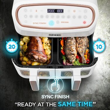 Фритюрниця Duronic AF34 WE XXL з 2 камерами, 10л, без олії, Air Fryer для приготування картоплі фрі, м'яса та іншого, великий об'єм