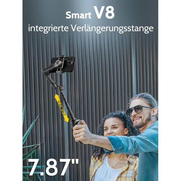 Стабілізатор для телефону Smart V8 Black з 3-осьовою стабілізацією та 7.8-дюймовою штангою, AI-трекінг, OLED-дисплей, кнопка зйомки