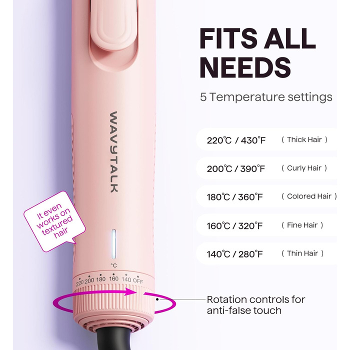 Wavytalk Airstyler: 2-в-1 випрямляч та локонова зачіска з охолодженням 360°, рожевий, нагрівання за 30 секунд