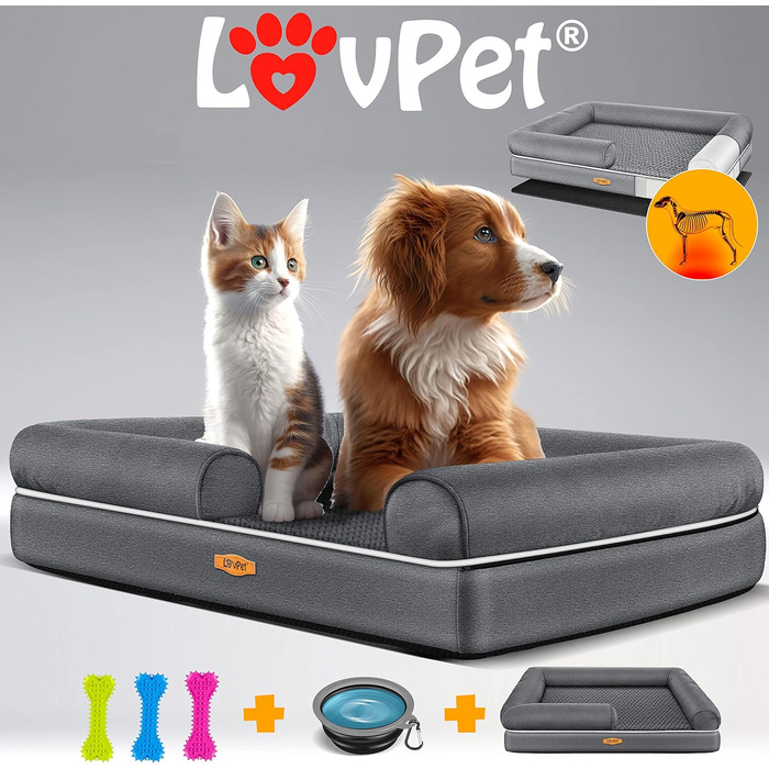 Orthopedic Dog Bed, Dog Cushion, Dog Basket Relax, Incl. Bowl + 3X Chew Bones, Dog Sofa for Small, Medium & Large Dogs, Removable and Washable Cover, 91x71x22cm Anthracite