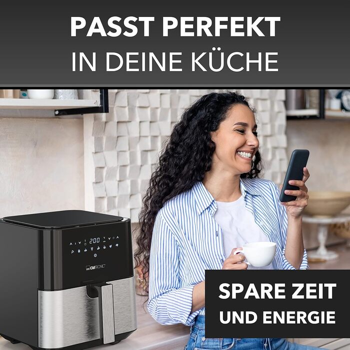 Clatronic® XXL Hot Air Fryer - 5L Fryer | Hot air for fat-free frying | Stainless steel air fryer with digital touchscreen | 360° Air-Flow | Hot air fryer with 8 programs | FR 3782 H