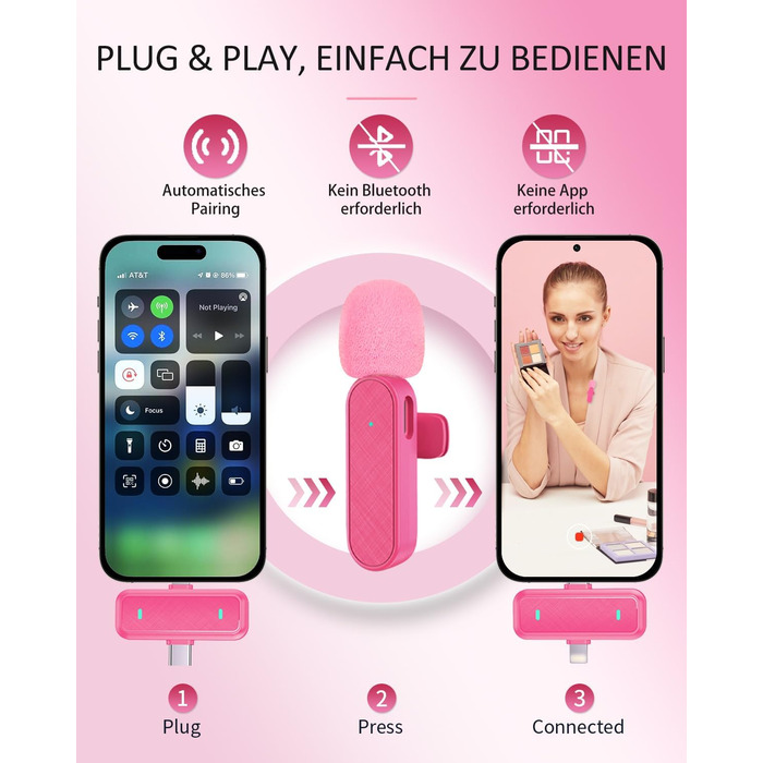 Беспроводной петличный микрофон Bayanbulu для iPhone, iPad, Android, TikTok, YouTube, Vlog (2 шт., Розовый)