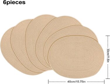 Fanquare Oval Woven Placemats Set of 6 Beige Cotton Rope Braided Placemats Heat-Resistant Washable Non-Slip Table Mats for Kitchen Dining Table, Home Decoration 30x40cm