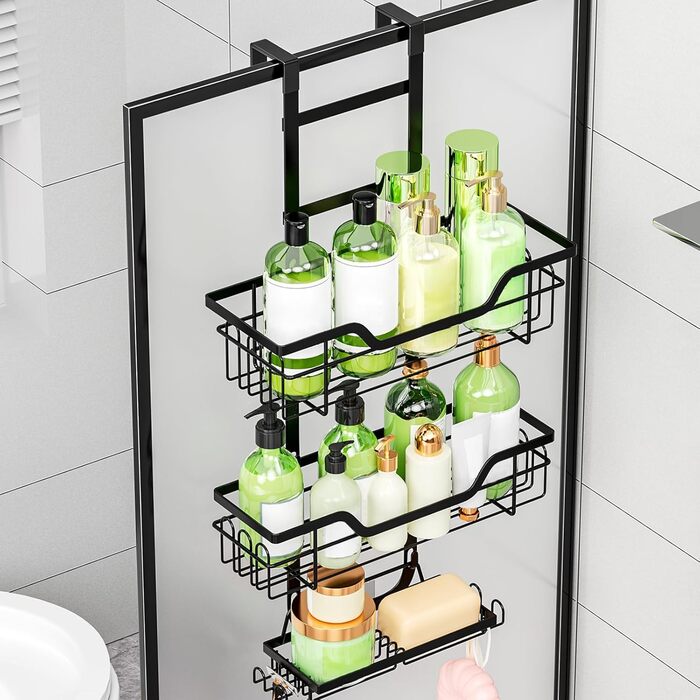 Поличка для душу без свердління, чорна, настінна, для скляних дверей, з 3 кошиками для шампуню та гелю для душу, стильна модель A