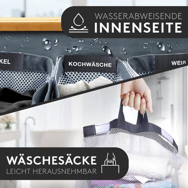FALKENWERK Laundry Basket with Lid 145L - Water-Repellent Laundry Collector with 3 Compartments & Removable Laundry Bags - Foldable Laundry Box with Washing Instructions - Laundry Basket 3 Compartments