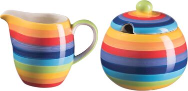 Hand-painted sugar bowl and teapot set with rainbow stripes