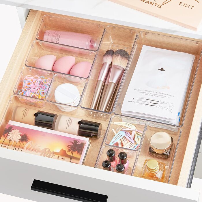 Vtopmart 60-Piece Drawer Organizers, 4 Sizes, Transparent Plastic Drawer Organizers, Containers for Bathroom and Vanity, Organization for Kitchen Utensils, Makeup
