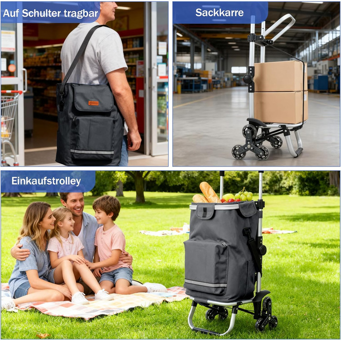 Тролей для покупок Sekey XXL з підйомником для сходин, 3-колісний вагончик для кемпінгу та покупок, регульована ручка, алюміній 3-в-1, з відділенням для охолодження та напоїв (сірий)