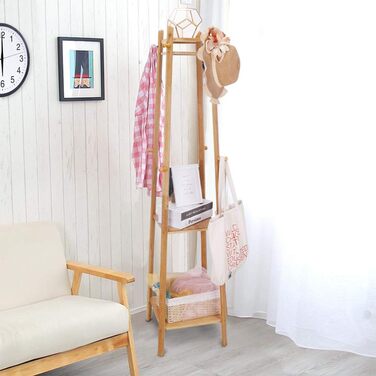 Bamboo Clothes Rack Coat Stand with 8 Hooks and 3 Shelves for Shoes, Hats, and Scarves, for Hallway, Living Room, and Guest Room