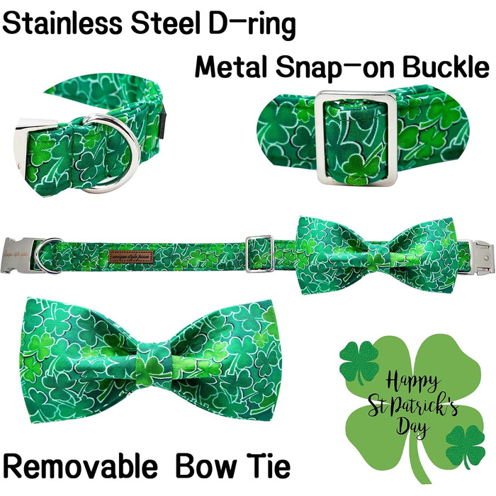 Нашийник для собак Unique Style на День Святого Патріка з бантиком, зелений клевер, для цуценят, маленьких, середніх та великих собак, хлопчиків та дівчаток, білий трилисник