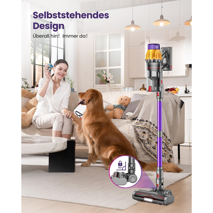 Бездротовий акумуляторний пилосос з 2 акумуляторами, 150 хв роботи, 55000 Па, 600 Вт, об'єм 2.0 л, з дисплеєм, антизаплутана щітка, самостійна парковка, настінна зарядка, 11-шарова фільтрація для шерсті тварин, килимів та твердих поверхонь