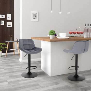 EUGAD Adjustable Bar Stools 2-Pack - 360° Swivel, Backrest, Footrest, Velvet Upholstery, Metal Frame - Dark Grey