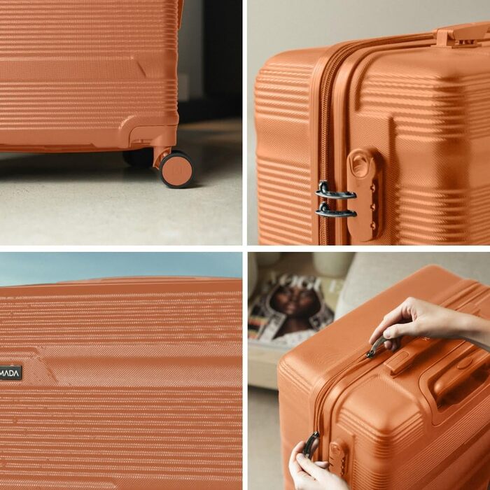 Набір валіз NUMADA Upfly T10 (4 шт.): ручна валіза 55x40x20 см, середня 60L, велика 78L, косметичка. ABS, помаранчевий колір. Міцний та надійний багажний набір.