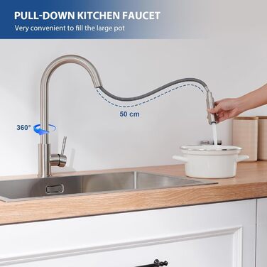 Змішувач кухонний Lonheo з висувною лійкою, високий поворотний кран для кухні, нержавіюча сталь, 2 режими струменя, для мийки