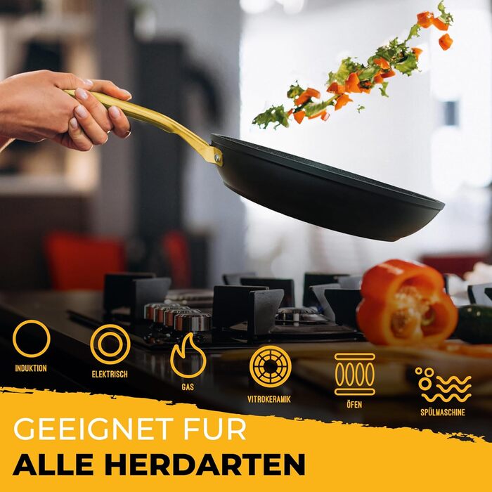 Набір сковорідок Briebe Gold Titanium Set (3 шт.) з титановою поверхнею, антипригарне покриття, для індукційних плит, діаметр 18-20-24 см, коване алюміній, без PFOA, професійні ручки з нержавіючої сталі, сумісний з газовими та склокерамічними плитами