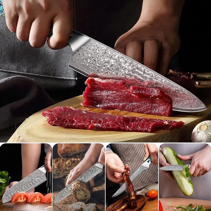 Набір кухонних ножів Damast Santoku 5шт з лезом 18 см (VG-10 сталь, ручка Abalone), подарункова коробка