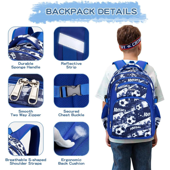 Дитячий рюкзак Cusangel для дівчаток та хлопчиків, ергономічний, регульований, водостійкий, з нагрудним ременем (синій, з футбольною тематикою)