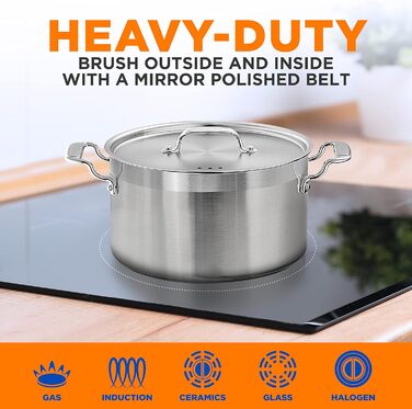 NutriChef Каструля з нержавіючої сталі 18/8, 5 л, для супу та рагу, важка, з кришкою, для індукції, кераміки та галогенових плит, можна мити в посудомийці