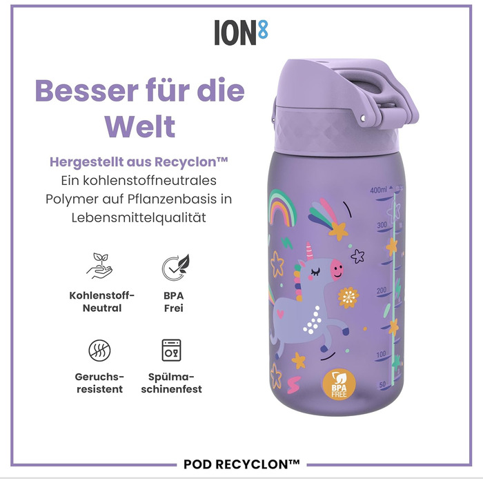 ion8 Insulated Stainless Steel Drinking Bottle 320 ml Leak-Proof One-Hand Opening Secure Locking Dishwasher-Safe Flip-Top Lid Carrying Handle Easy to Clean, Durable, Unicorn (Evo, Recyclon, Violet)