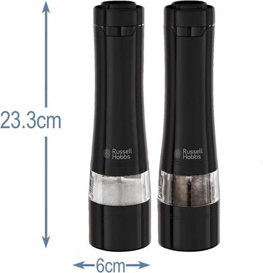 Електричні млини для солі та перцю Russell Hobbs 28010-56, керамічний механізм, чорні, набір 2 шт, для спецій і трав, регульований помел, LED підсвітка