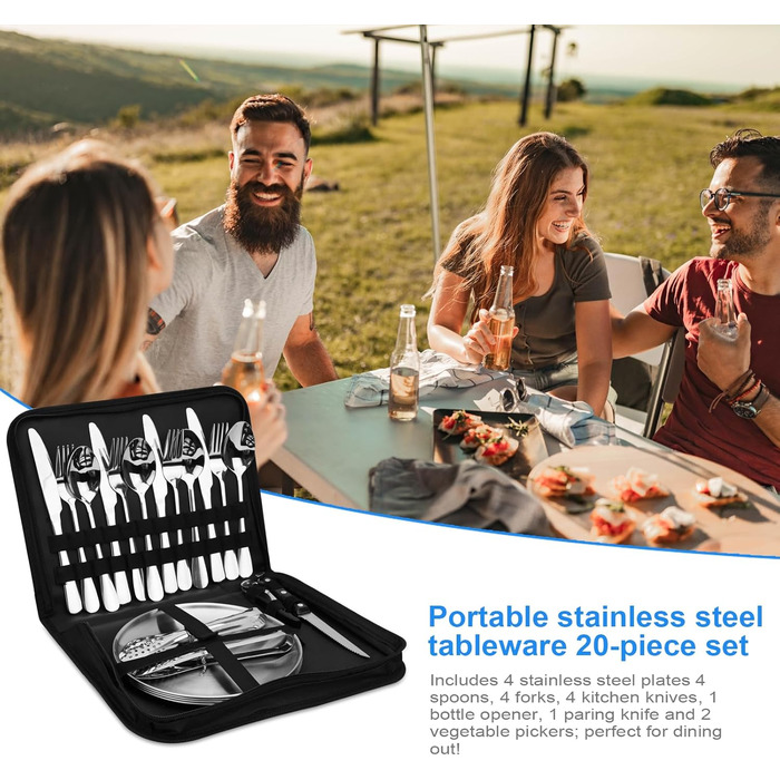 Набір посуду для кемпінгу на 4 особи, 20 предметів: ложки, виделки, ножі, тарілки, кліпси, відкривачка. Набір столових приборів з нержавіючої сталі для пікніків та відпочинку на природі