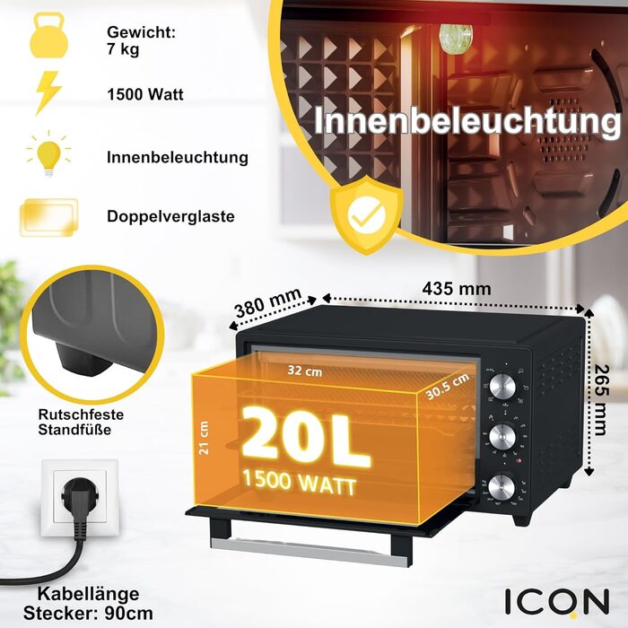 Міні-піч ICQN 50L з конвекцією, 1800 Вт, підсвічуванням, 5 функцій, таймером на 60 хв, з набором деко, 20 літрів