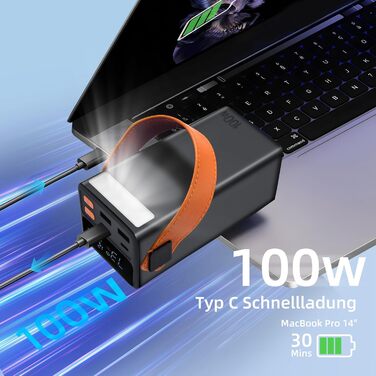 Powerbank 80000 mAh з інтегрованим кабелем, LED-дисплеєм, ліхтариком та швидкою зарядкою 22.5W. Сумісний з iPhone, iPad, Tablet, Steam Deck та іншими пристроями