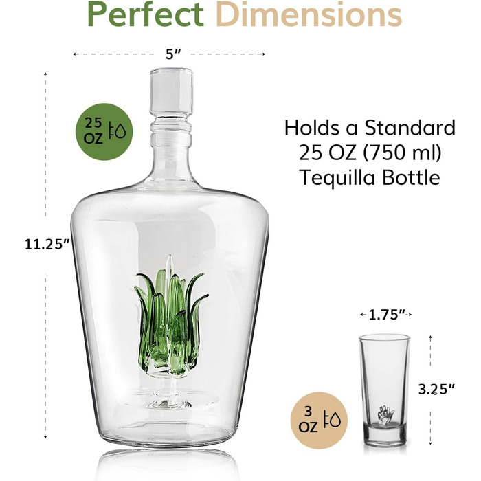 Agave Tequila Decanter Set with Glasses - 750ml Decanter & 6 Shot Glasses - Cinco de Mayo Party Decor - Perfect Gift for Tequila Lovers