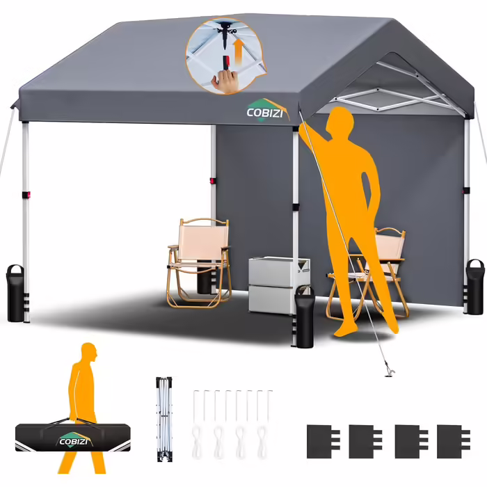 COBIZI Pavilion - Folding Pavilion - Waterproof, Stable, 275 cm Party Tent, UV Protection 50+, Folding Pavilion with Waffle Pattern for Camping, Beach, Family Gatherings (White) (Gray, 3x3m with 1 Side Walls)