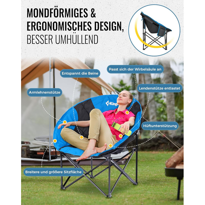 Крісло для кемпінгу KingCamp Moonchair XXL: зручне, м'яке, для відпочинку на природі, саду, риболовлі. Макс. 205 кг, з кишенею для напоїв та високою спинкою (Блакитний)