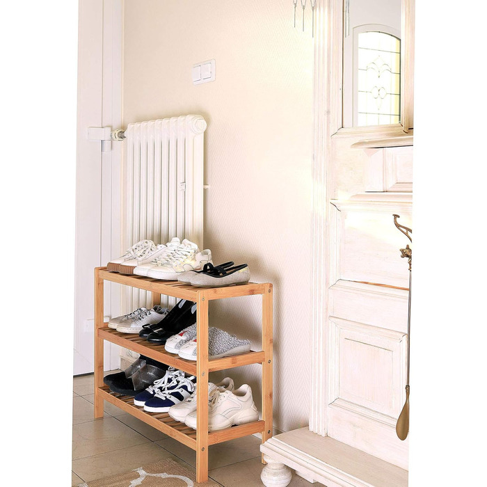 dibea Shoe Rack with 3 Shelves, Shoe Cabinet, Bamboo Shelf, Standing Shelf, Kitchen Shelf, Living Room Shelf, 70x26x55 cm, natural color, Natural