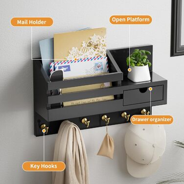 Настінна органайзер для ключів з 6 гачками та шухлядою, дерев'яна полиця для ключів, настінна вішалка для ключів, для прихожей, офісу, вітальні (білий)