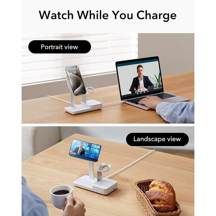 Зарядний пристрій ESR 65W GaN 5-в-1 з підтримкою MagSafe, білий. Сумісний з iPhone 17/16/15/14/13/12, Apple Watch, AirPods та USB A/C пристроями