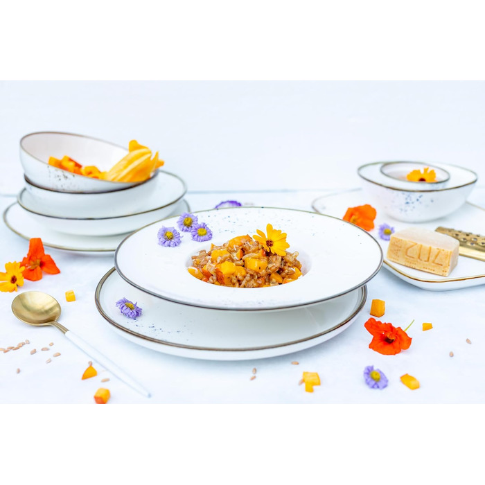 MÄSER Pintar Series, high-quality dining tableware set for 4 people, 16-piece combination service with light glaze, visual brown speckles, and a fine edge in a vintage handmade look, porcelain tableware set brown
