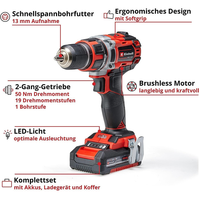 Акумуляторний дриль-шуруповерт Einhell TP-CD 18/50 Li BL Power X-Change (18 В, Brushless, 50 Нм, 2 швидкості, патрон 13 мм, 2 x 2.0 Ah, зарядний пристрій, кейс)