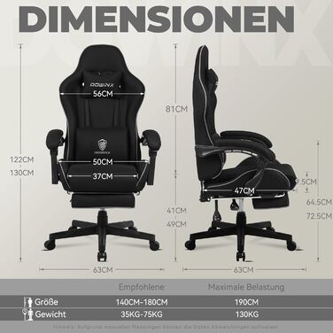 Ігровий крісло Dowinx з підголівником та підставкою для ніг, тканина, масаж, чорний колір. Ергономічне крісло для офісу та геймінгу