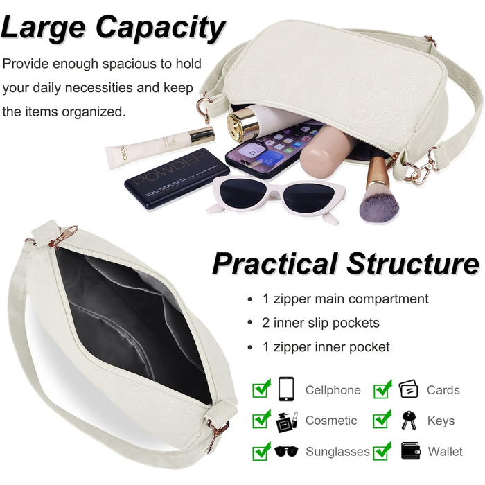 Сумка жіноча FITDON Cord Hobo бежевого кольору через плече, міні ретро сумка Y2K з 3 знімними ремінцями
