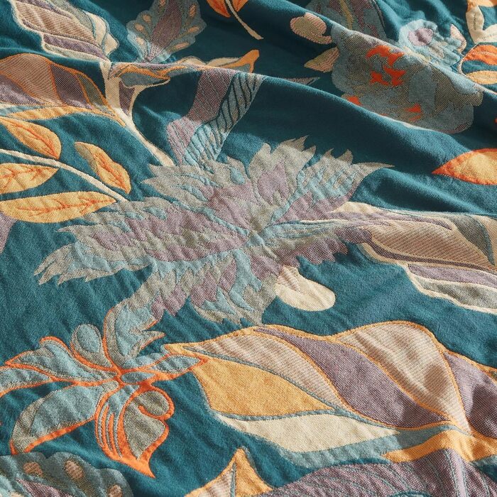 Богемна ковдра Softexly Boho Decke: 100% бавовна, двостороння муслінова ковдра 150x200 см, м'яка пледова ковдра та покривало для ліжка, естетичний дизайн, ідеально для вітальні та спальні, помаранчево-зелена (130 x 150 см, Blütentraum)