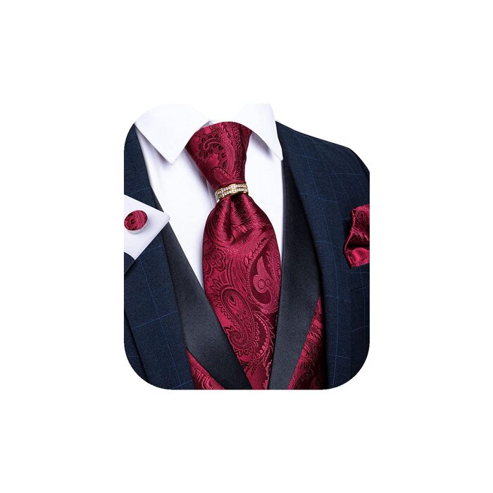 Костюмний жилет DiBanGu (5 шт.): жилет, краватка, нагрудна хустинка, запонки, кільце для краватки. Зелений/Чорний (L, Бордовий)