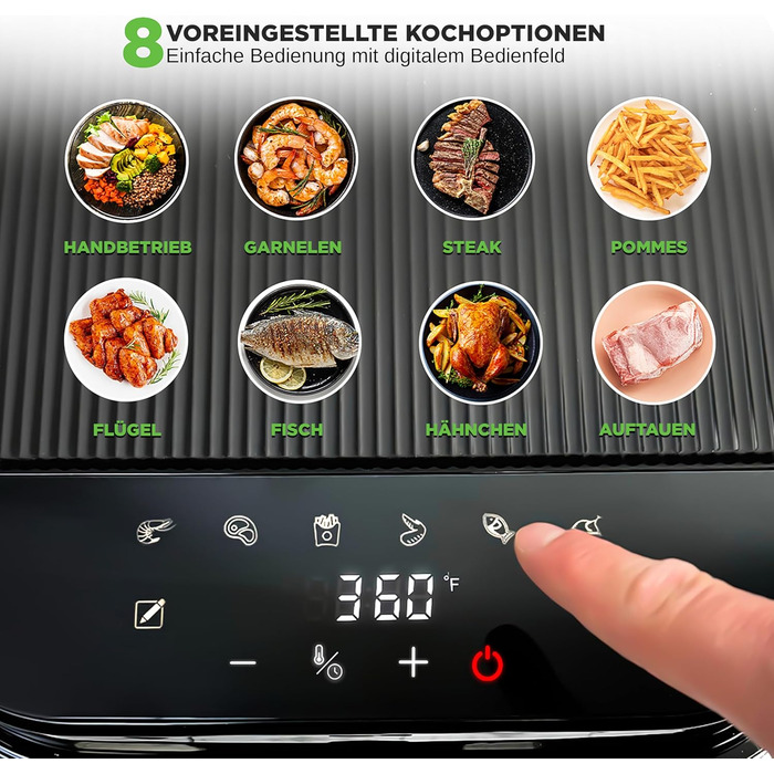 Фритюрниця NutriChef 5.5L біла – електрофритюрниця 8-в-1 з скляною чашею та LED-дисплеєм. Без олії, 360° циркуляція повітря. Для картоплі фрі, курки, овочів та іншого.