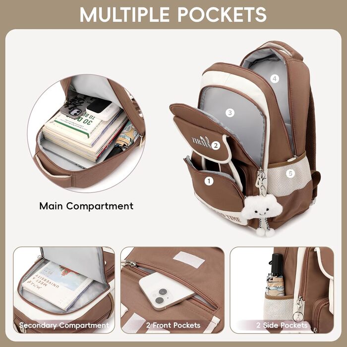 Шкільний рюкзак для дівчаток-підлітків, легкий водонепроникний рюкзак з милим брелоком, рюкзак для школи 1-5 класів та старшої школи, великий рюкзак для підлітків - фіолетовий (коричневий)