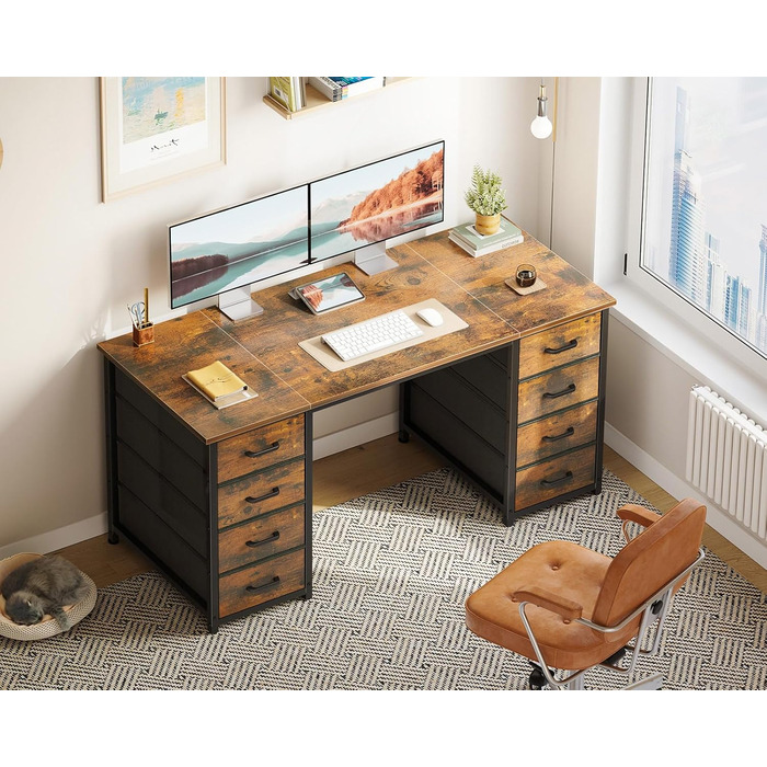 Комп'ютерний стіл Coleshome з 8 тканинними ящиками, 120x48 см, коричневий | Стіл для офісу, дому, вітальні